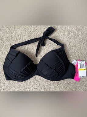 NWT Betsey Johnson Black Halter Bikini Top w/ Ruched Ruffle detail Size M